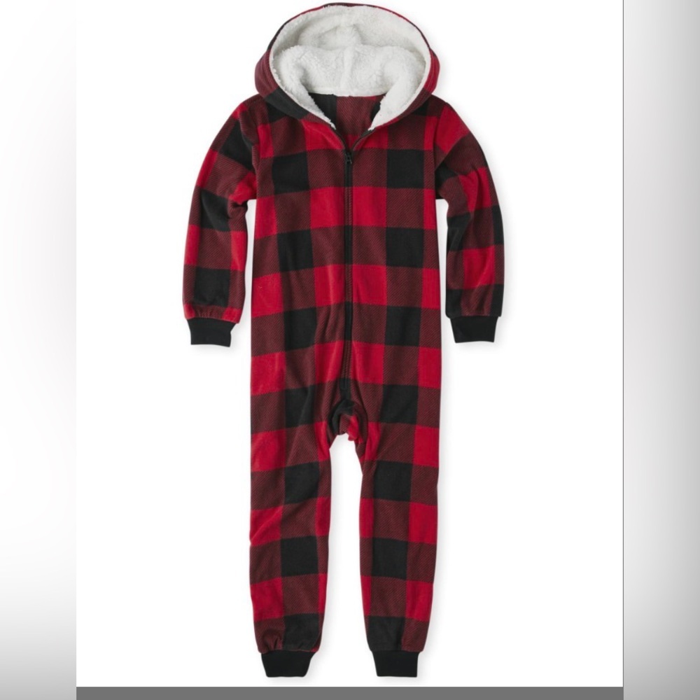 Child Buffalo Plaid Fleece Red and Black Plaid Hooded Onesie size M 7/8 NWOT